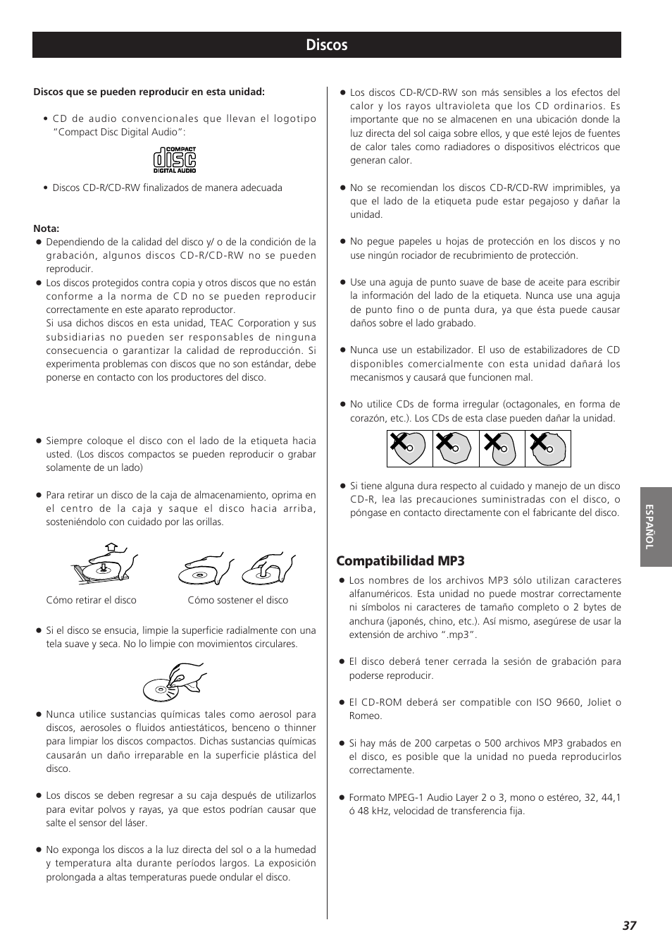 Discos, Compatibilidad mp3 | Teac CD-P1260 User Manual | Page 37 / 52