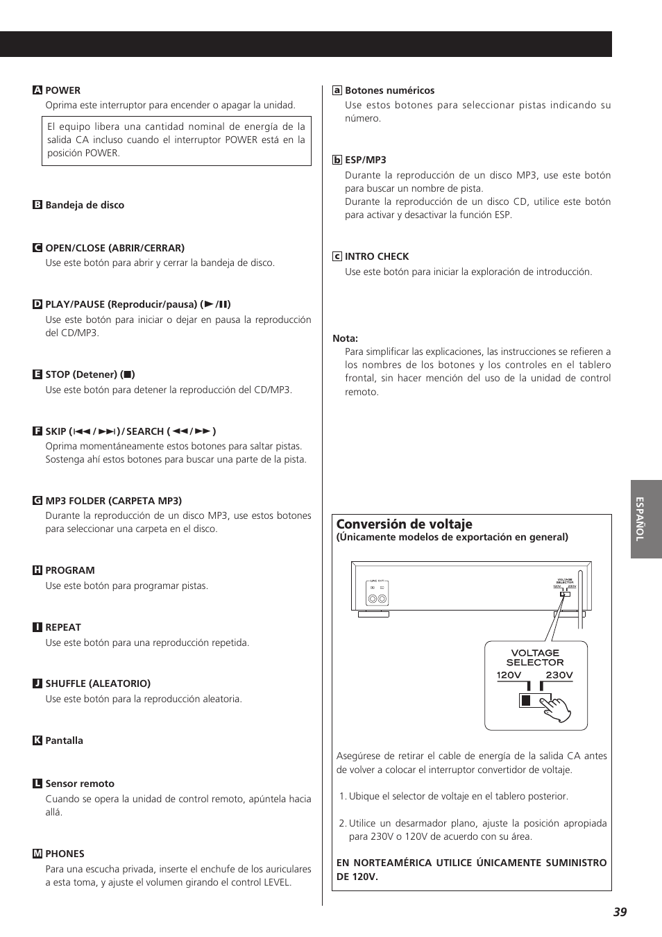 Conversión de voltaje | Teac CD-P1260 User Manual | Page 39 / 52