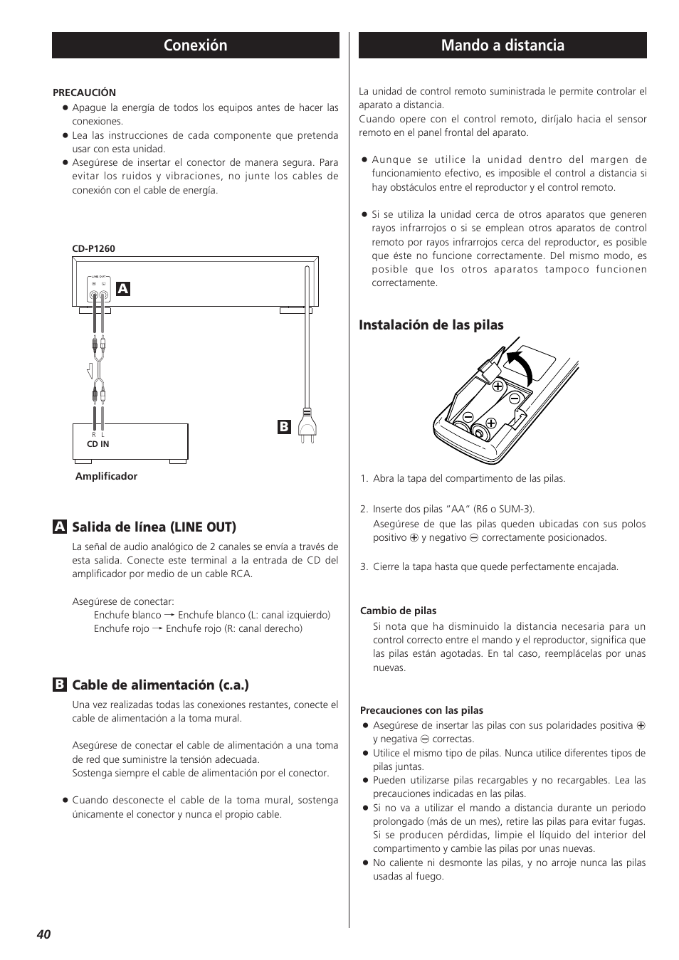 Conexión, Mando a distancia, Salida de línea (line out) | Cable de alimentación (c.a.), Instalación de las pilas | Teac CD-P1260 User Manual | Page 40 / 52
