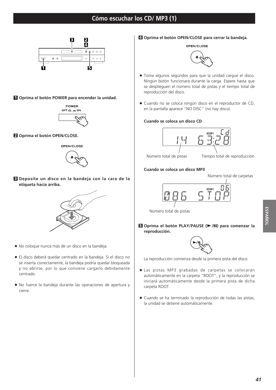 Cómo escuchar los cd/ mp3 (1) | Teac CD-P1260 User Manual | Page 41 / 52