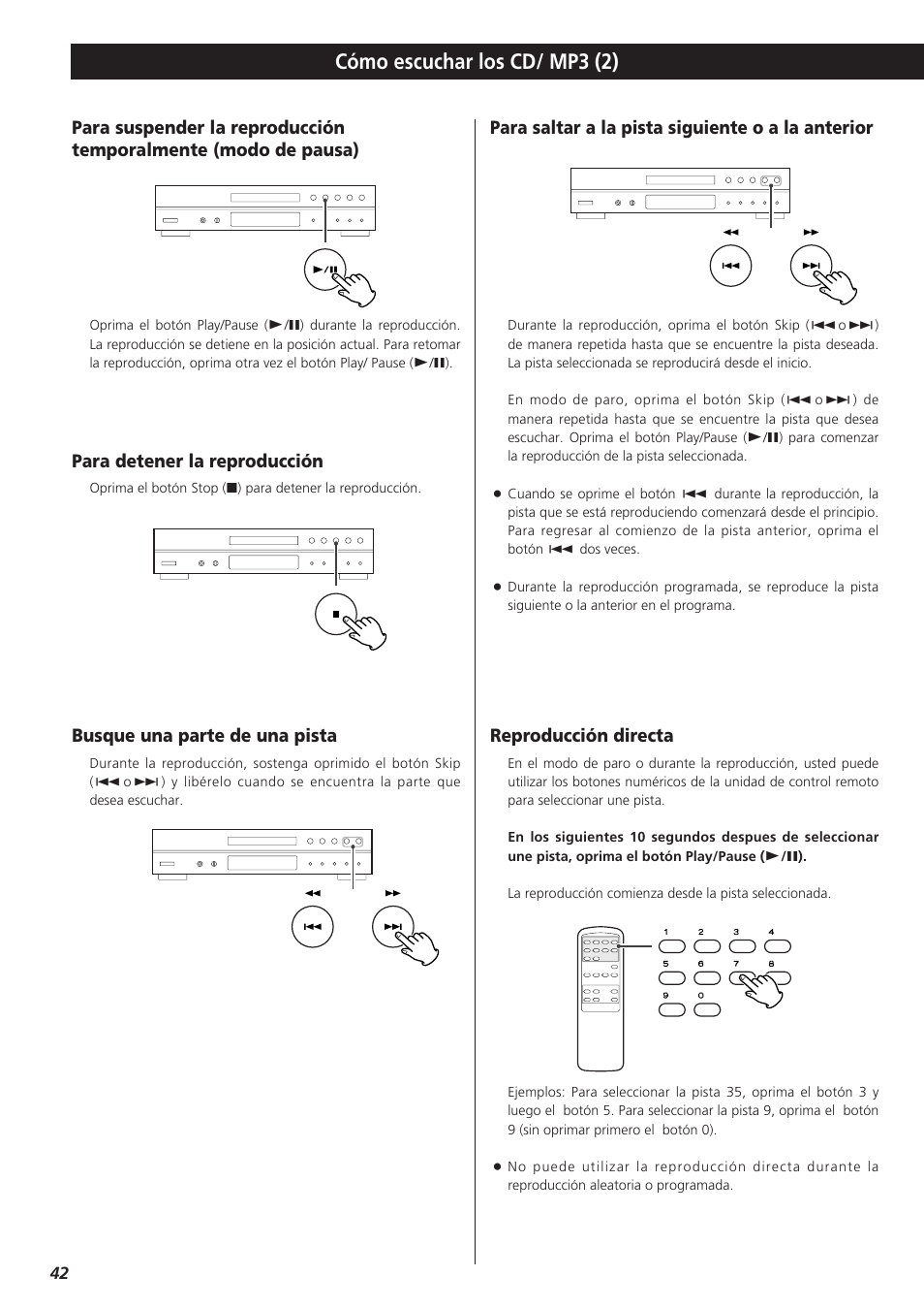 Cómo escuchar los cd/ mp3 (2) | Teac CD-P1260 User Manual | Page 42 / 52