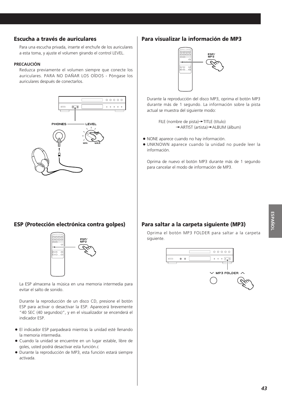 Para saltar a la carpeta siguiente (mp3), Para visualizar la información de mp3 | Teac CD-P1260 User Manual | Page 43 / 52