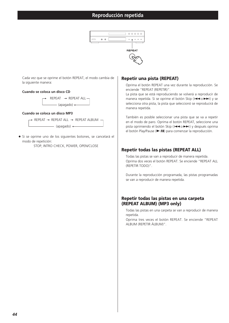 Reproducción repetida, Repetir una pista (repeat), Repetir todas las pistas (repeat all) | Teac CD-P1260 User Manual | Page 44 / 52