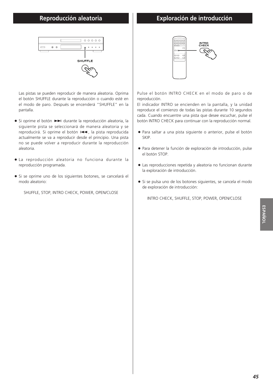 Reproducción aleatoria, Exploración de introducción | Teac CD-P1260 User Manual | Page 45 / 52