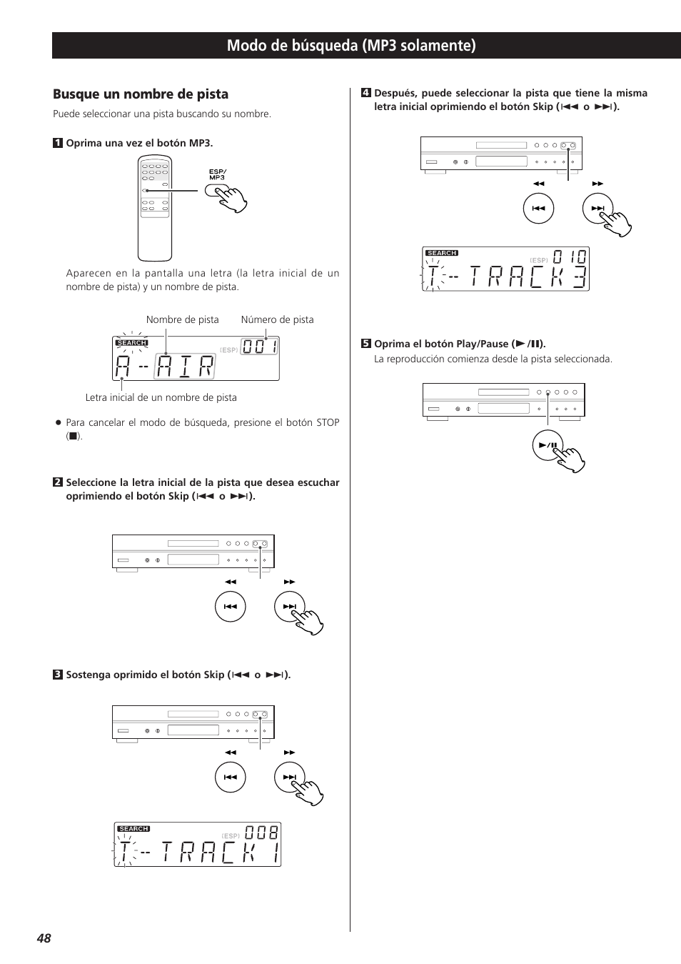 Modo de búsqueda (mp3 solamente), Busque un nombre de pista | Teac CD-P1260 User Manual | Page 48 / 52