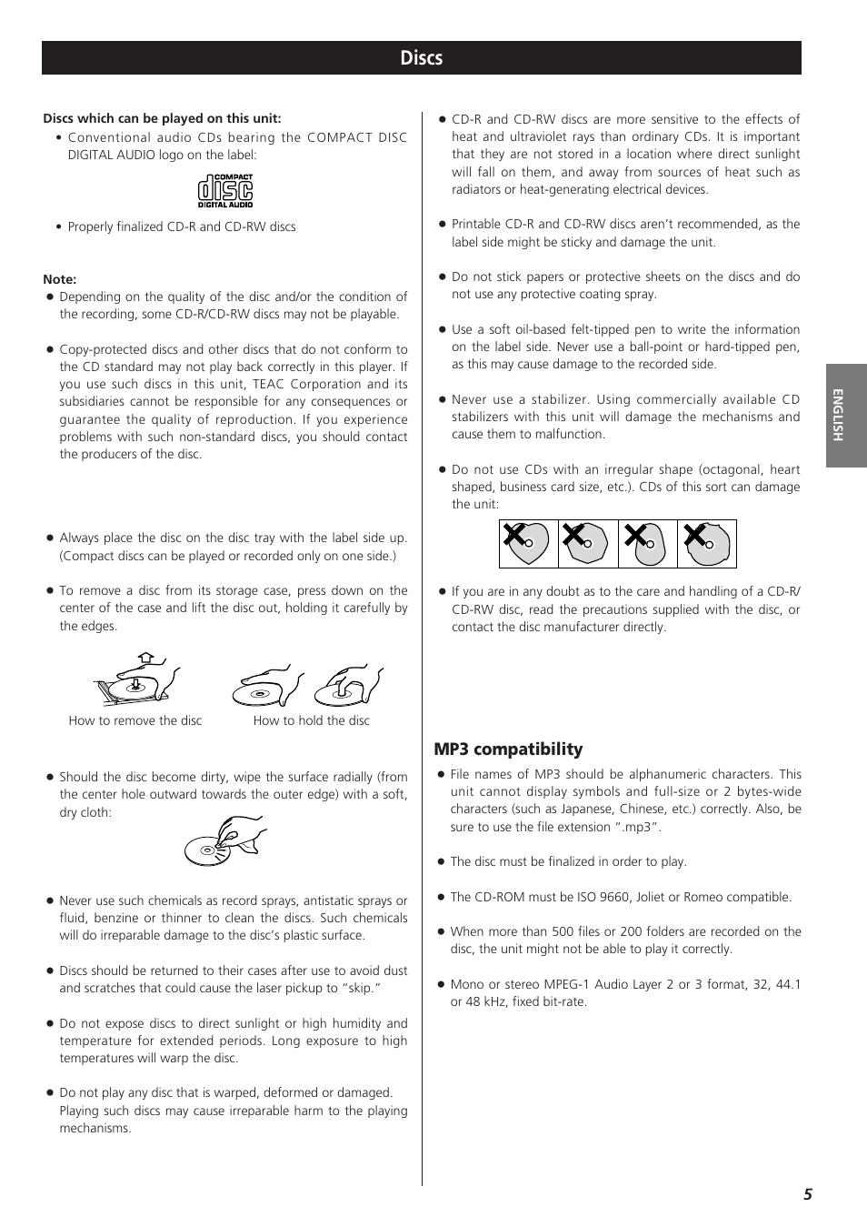 Discs, Mp3 compatibility | Teac CD-P1260 User Manual | Page 5 / 52