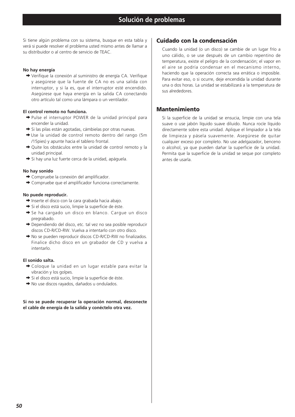 Solución de problemas, Cuidado con la condensación, Mantenimiento | Teac CD-P1260 User Manual | Page 50 / 52