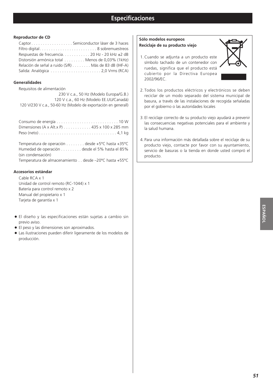 Especificaciones | Teac CD-P1260 User Manual | Page 51 / 52