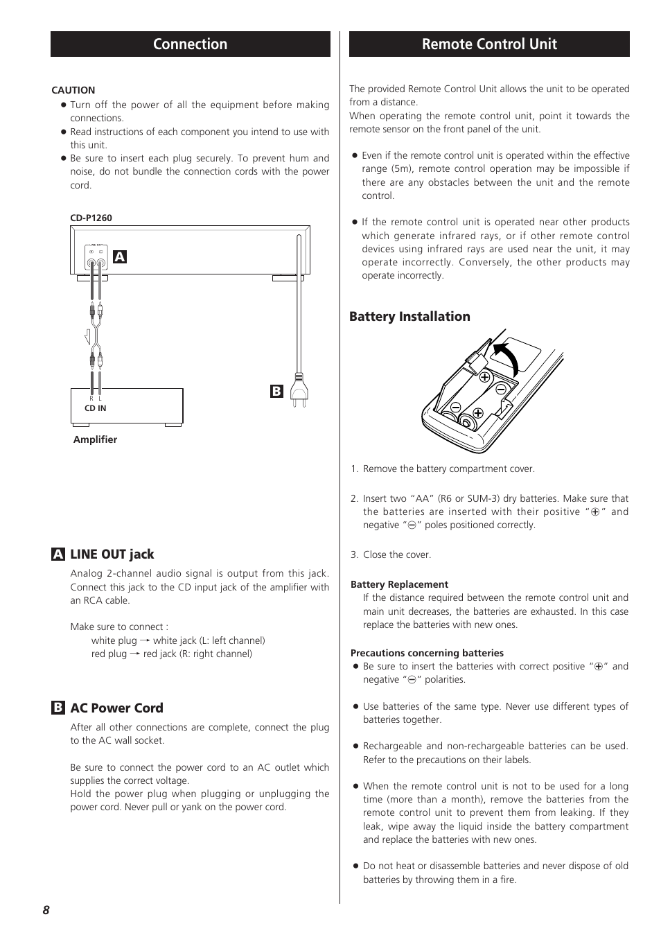 Remote control unit, Connection, Line out jack | Ac power cord, Battery installation | Teac CD-P1260 User Manual | Page 8 / 52