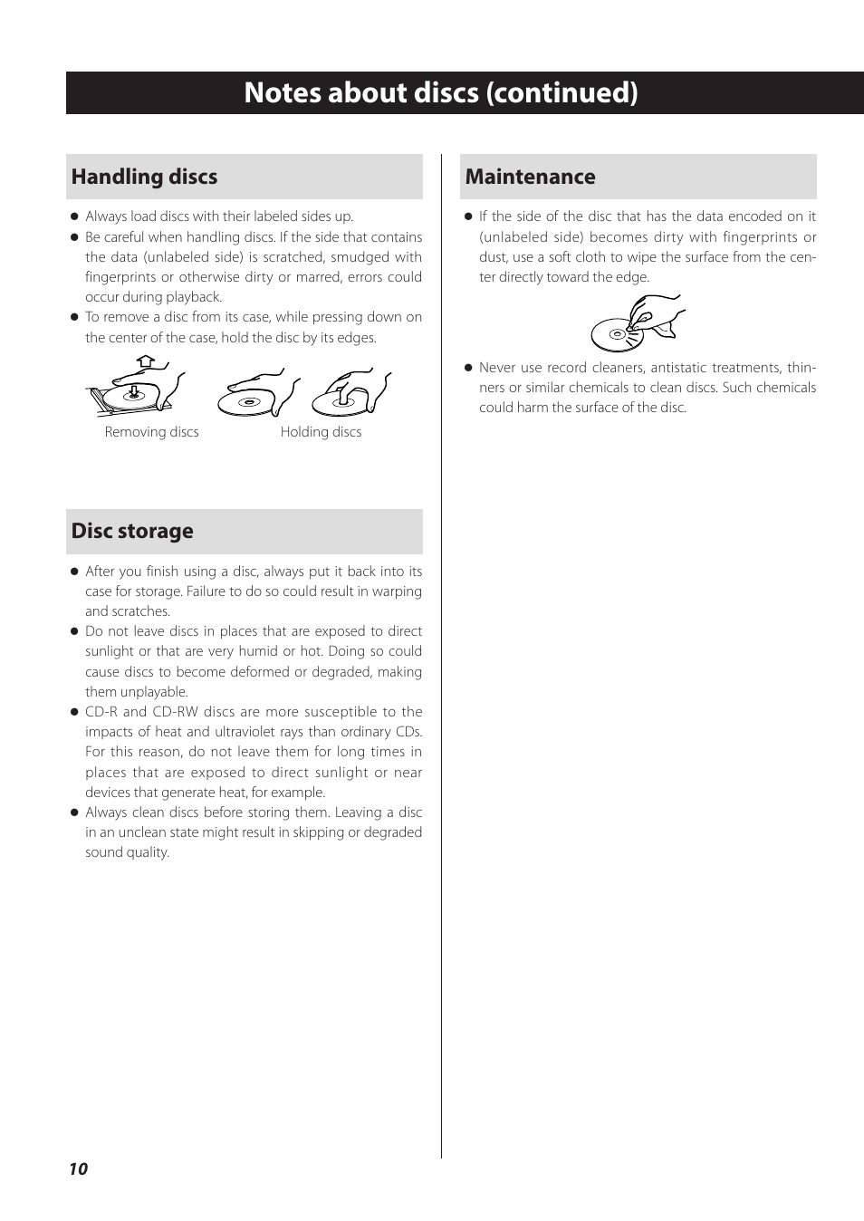 Handling discs, Disc storage, Maintenance | Teac CD-P800NT-B User Manual | Page 10 / 160