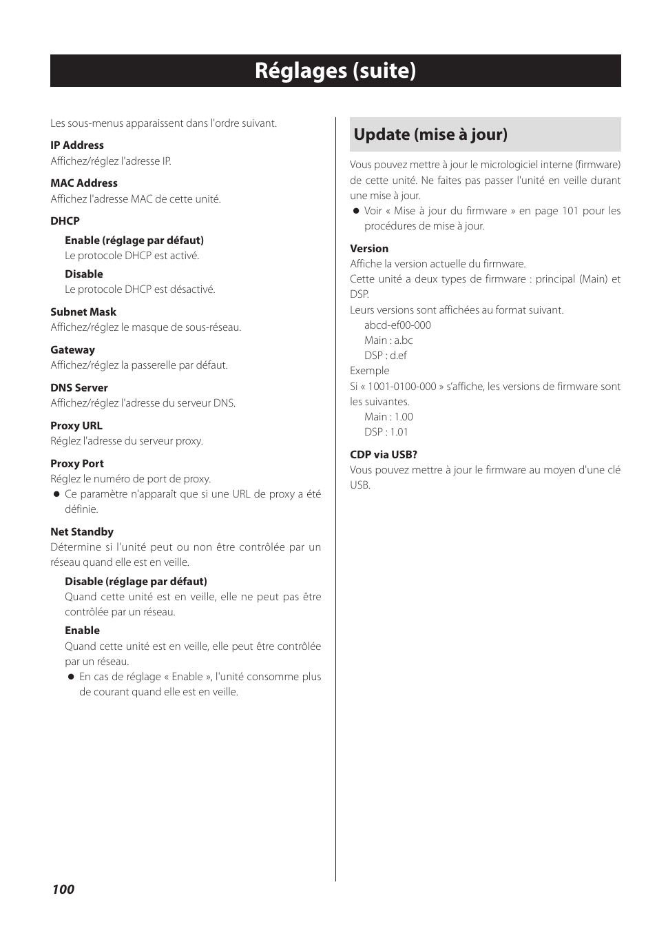 Réglages (suite), Update (mise à jour) | Teac CD-P800NT-B User Manual | Page 100 / 160