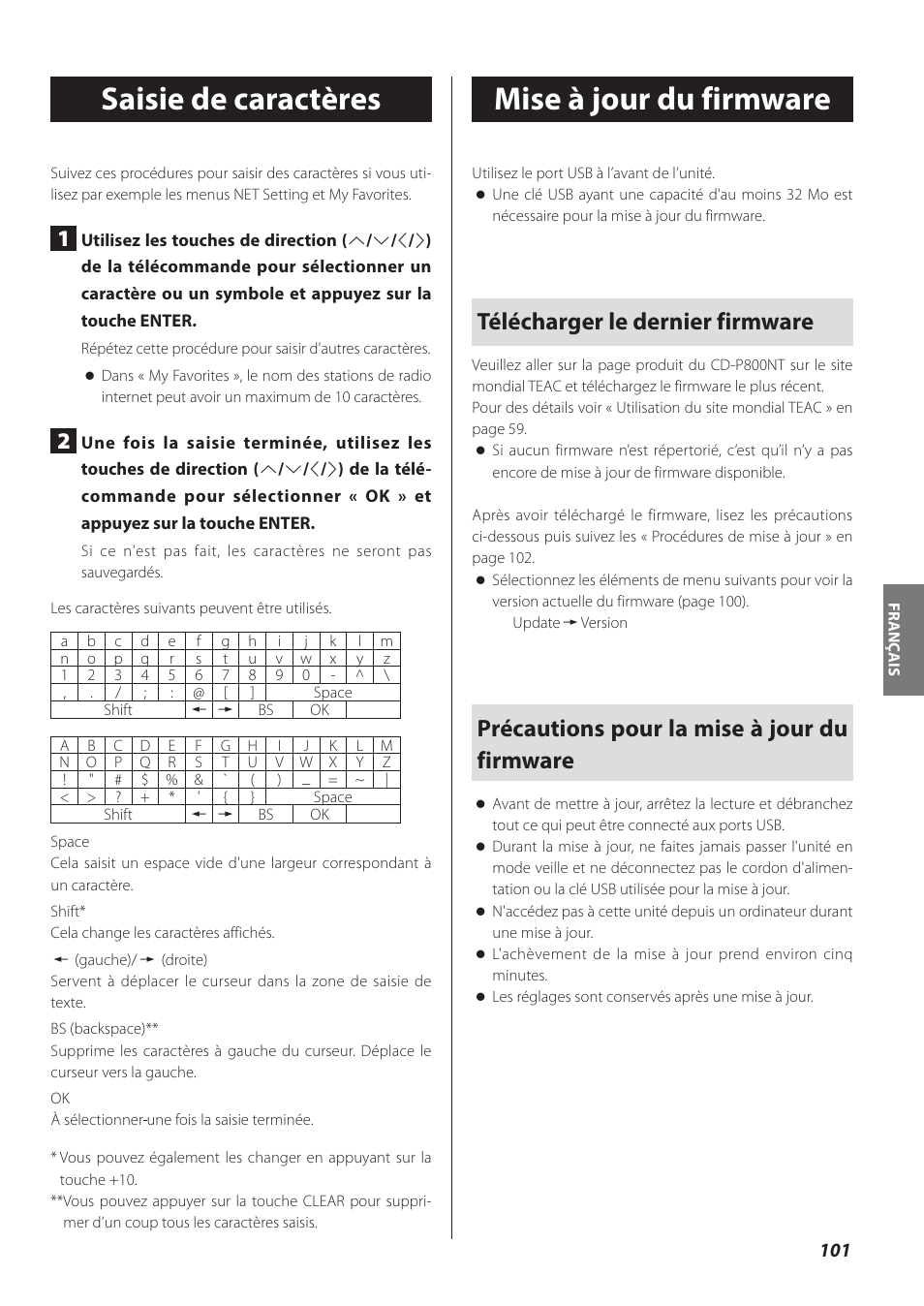 Saisie de caractères, Mise à jour du firmware, Télécharger le dernier firmware | Précautions pour la mise à jour du firmware | Teac CD-P800NT-B User Manual | Page 101 / 160