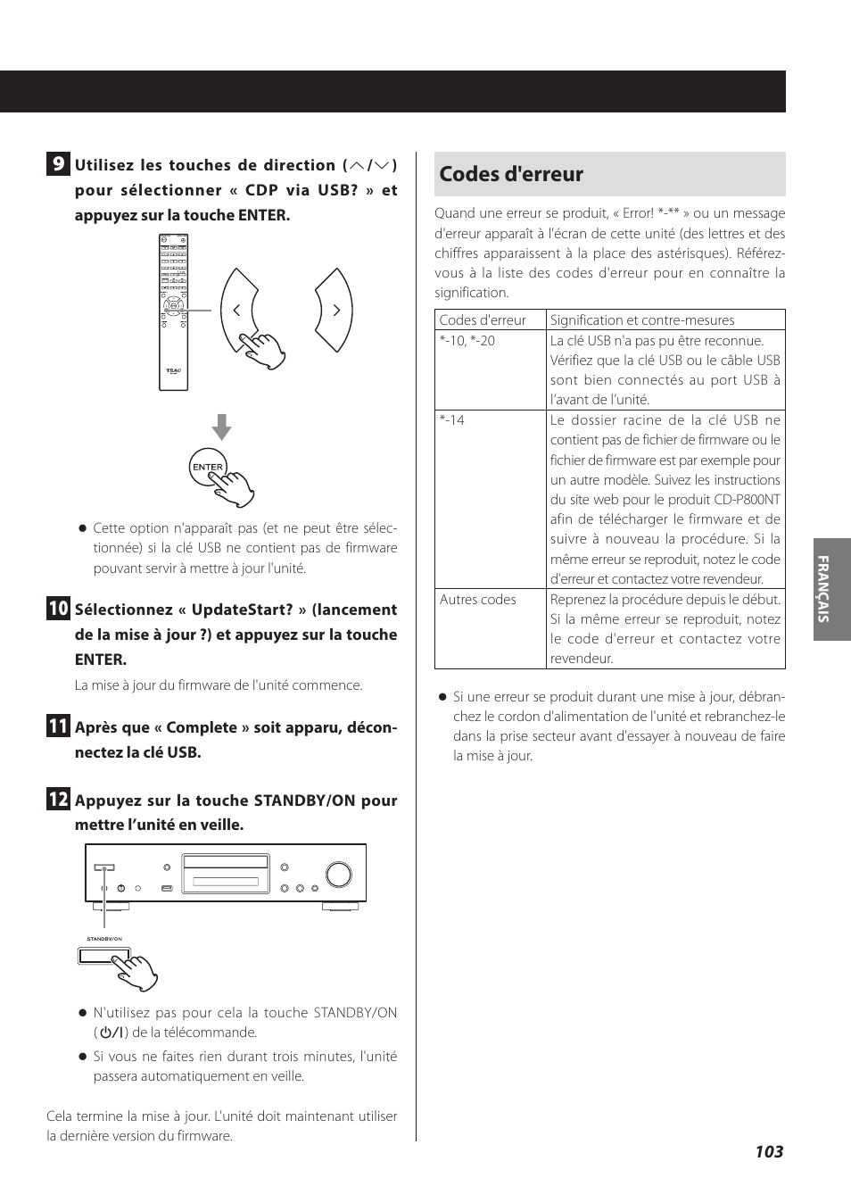 Codes d'erreur | Teac CD-P800NT-B User Manual | Page 103 / 160