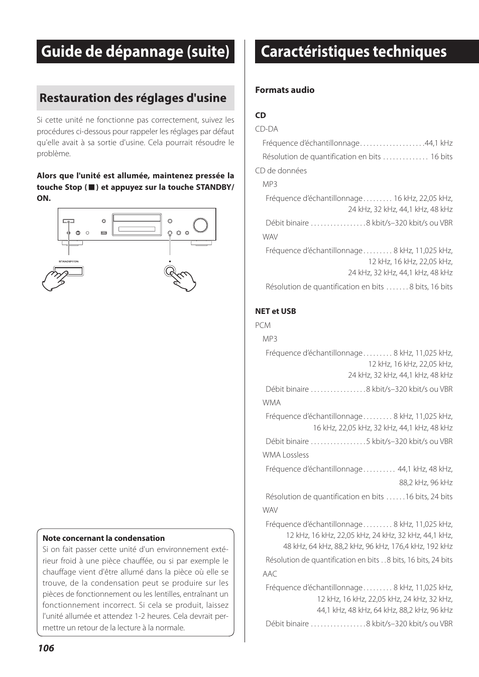 Caractéristiques techniques, Guide de dépannage (suite), Restauration des réglages d'usine | Teac CD-P800NT-B User Manual | Page 106 / 160