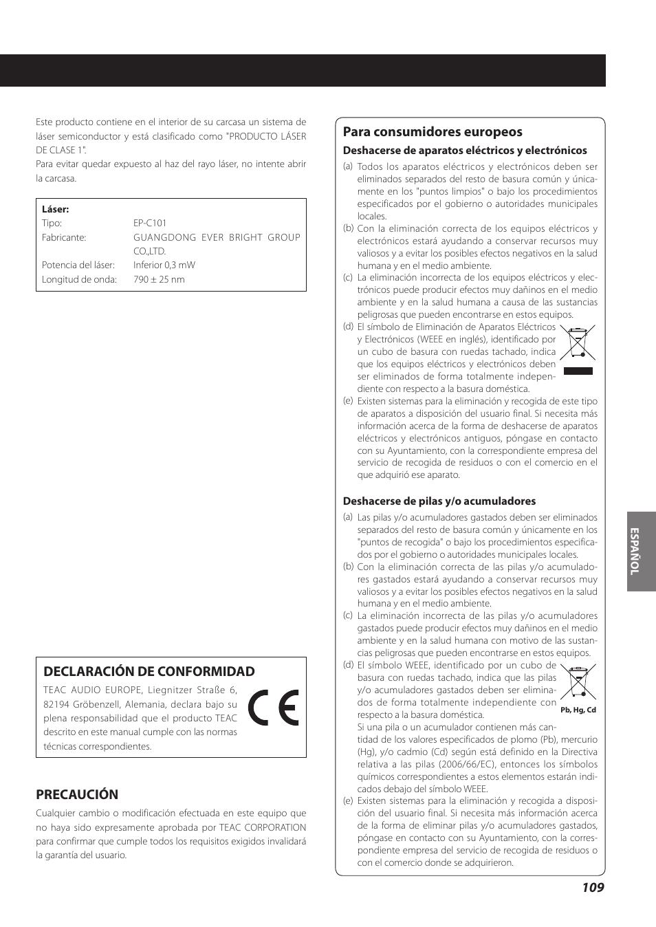 Declaración de conformidad, Precaución, Para consumidores europeos | Teac CD-P800NT-B User Manual | Page 109 / 160