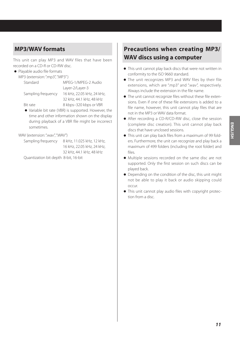Mp3/wav formats | Teac CD-P800NT-B User Manual | Page 11 / 160