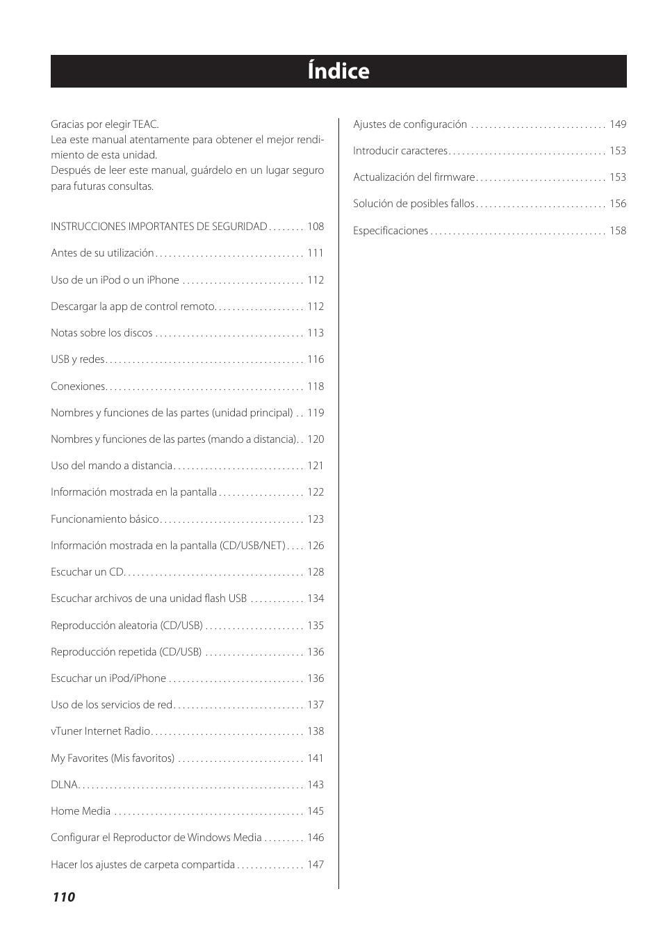 Índice | Teac CD-P800NT-B User Manual | Page 110 / 160