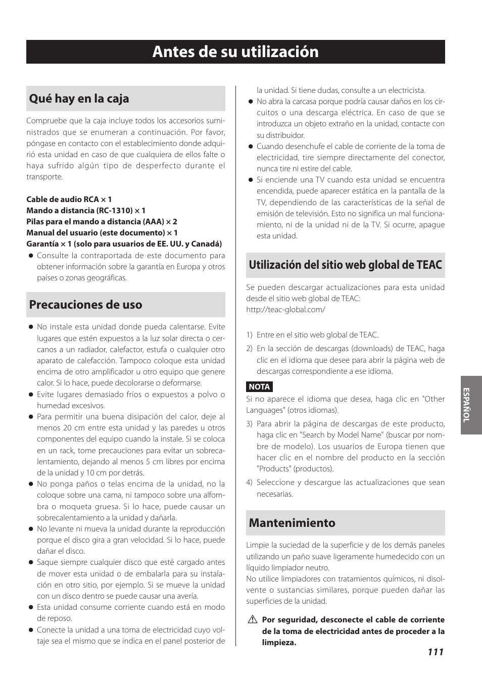 Antes de su utilización, Qué hay en la caja, Precauciones de uso | Utilización del sitio web global de teac, Mantenimiento | Teac CD-P800NT-B User Manual | Page 111 / 160