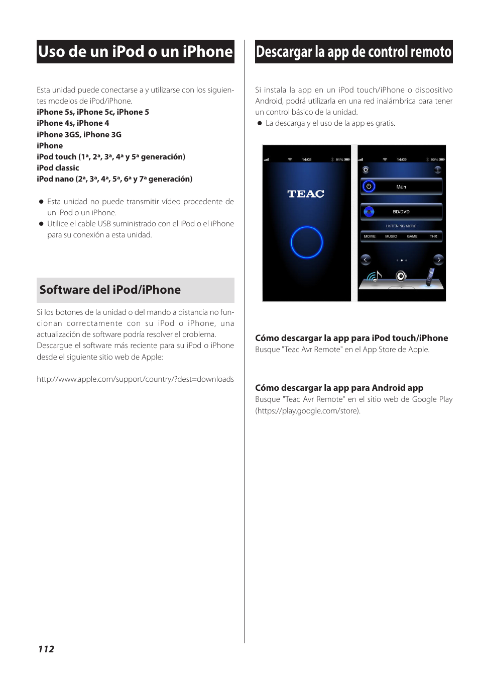 Uso de un ipod o un iphone, Descargar la app de control remoto, Software del ipod/iphone | Teac CD-P800NT-B User Manual | Page 112 / 160