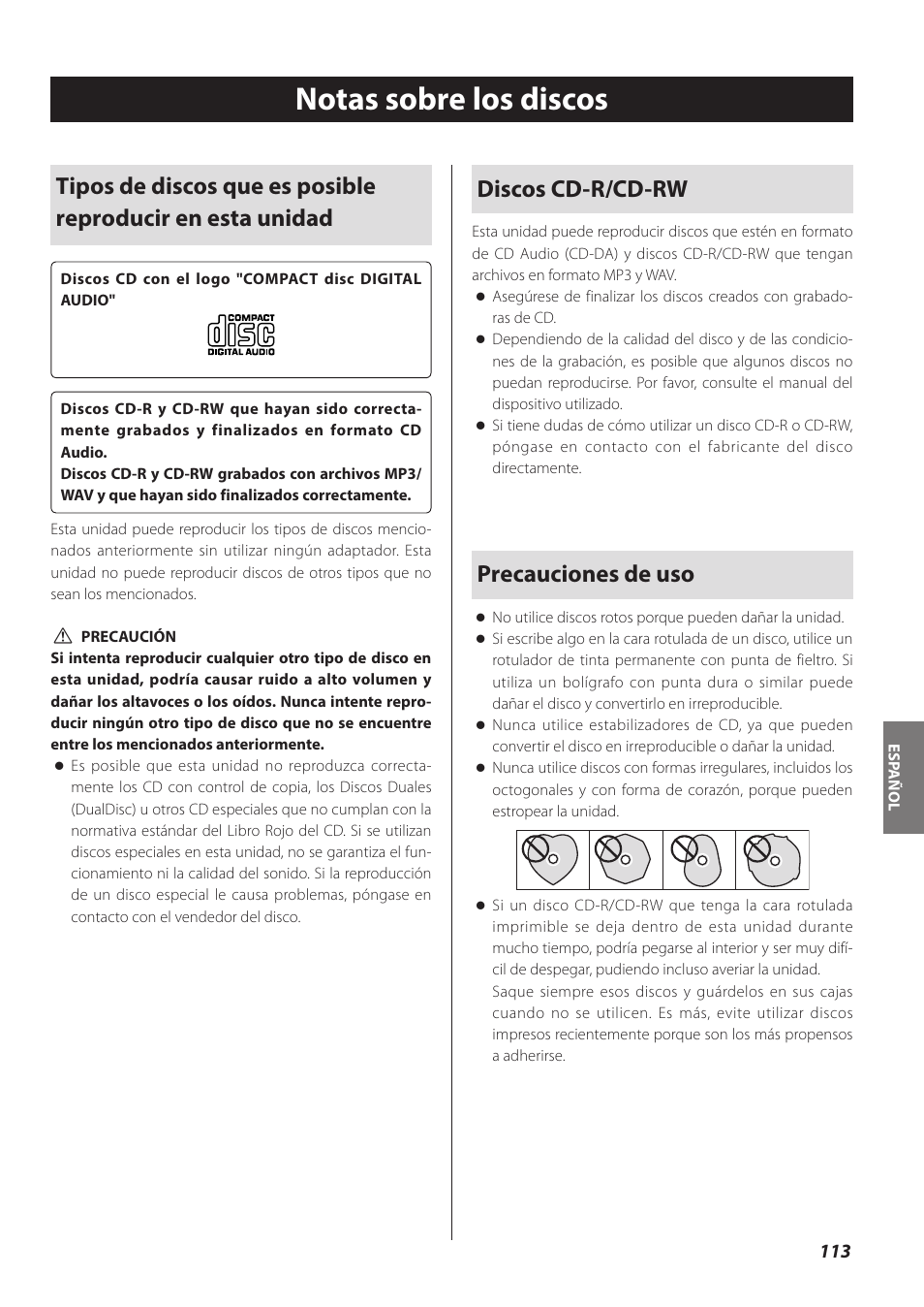 Notas sobre los discos, Discos cd-r/cd-rw, Precauciones de uso | Teac CD-P800NT-B User Manual | Page 113 / 160