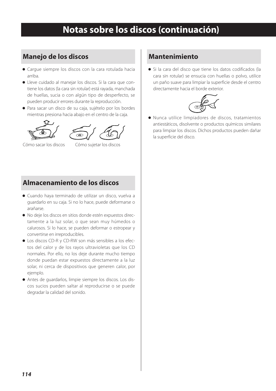 Notas sobre los discos (continuación), Manejo de los discos, Almacenamiento de los discos | Mantenimiento | Teac CD-P800NT-B User Manual | Page 114 / 160