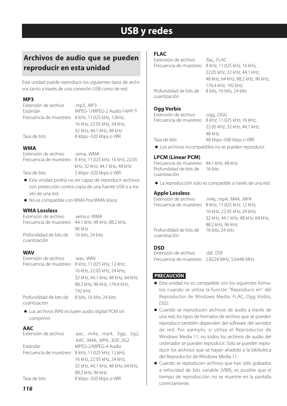 Usb y redes | Teac CD-P800NT-B User Manual | Page 116 / 160