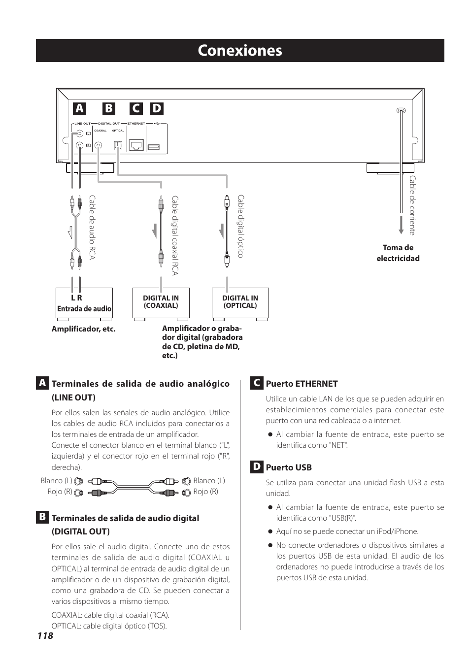 Conexiones, Ab c d | Teac CD-P800NT-B User Manual | Page 118 / 160