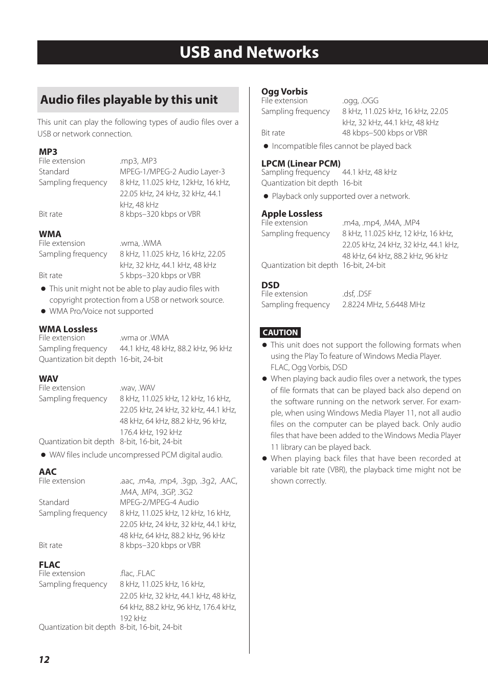 Usb and networks, Audio files playable by this unit | Teac CD-P800NT-B User Manual | Page 12 / 160