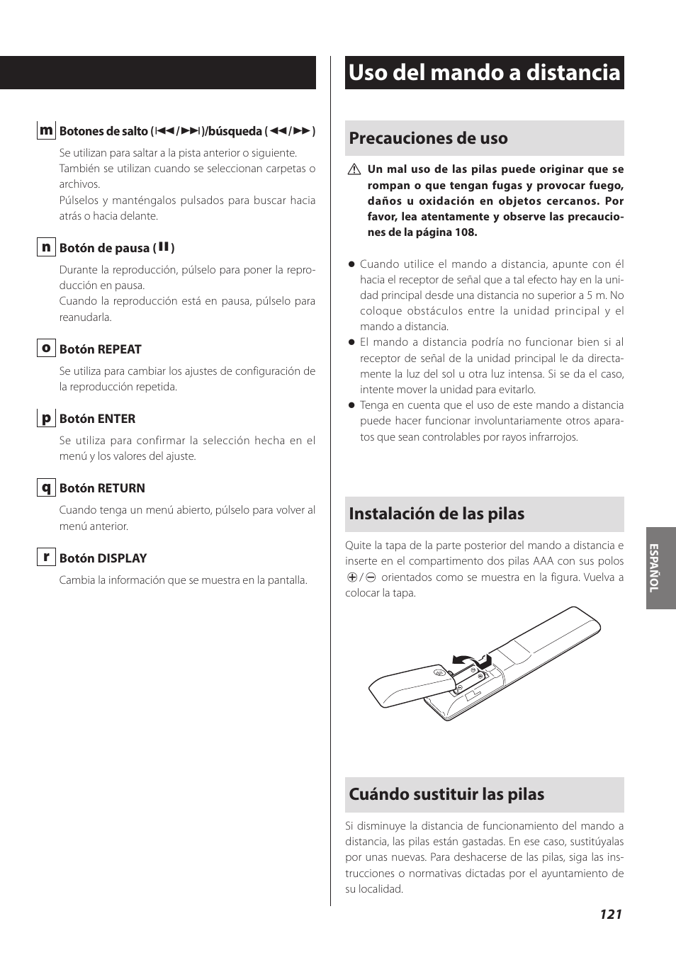 Uso del mando a distancia, Precauciones de uso, Instalación de las pilas | Cuándo sustituir las pilas | Teac CD-P800NT-B User Manual | Page 121 / 160