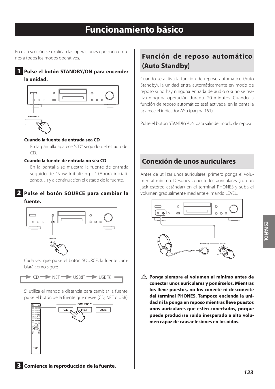 Funcionamiento básico, Función de reposo automático (auto standby), Conexión de unos auriculares | Teac CD-P800NT-B User Manual | Page 123 / 160