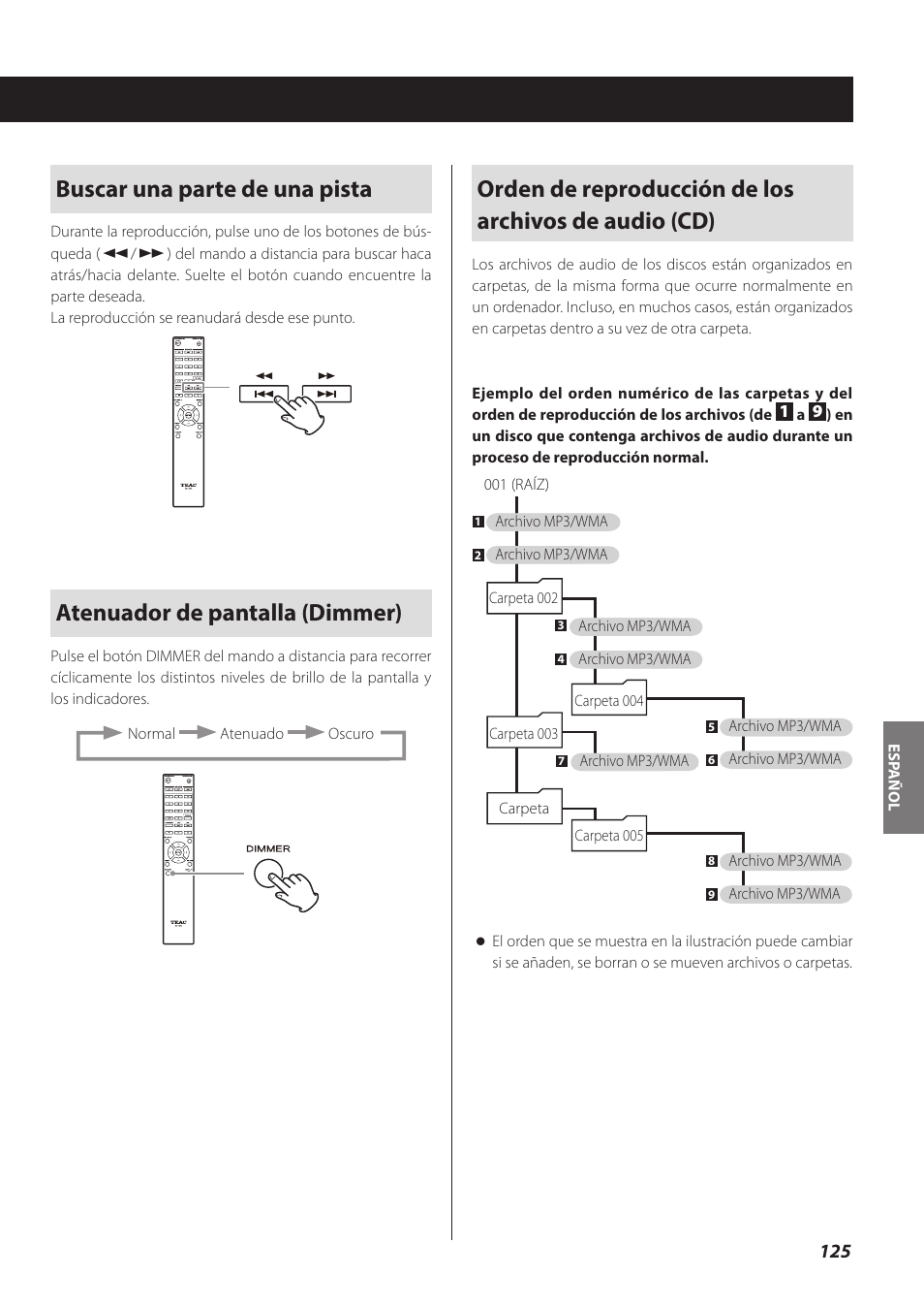 Buscar una parte de una pista, Atenuador de pantalla (dimmer) | Teac CD-P800NT-B User Manual | Page 125 / 160