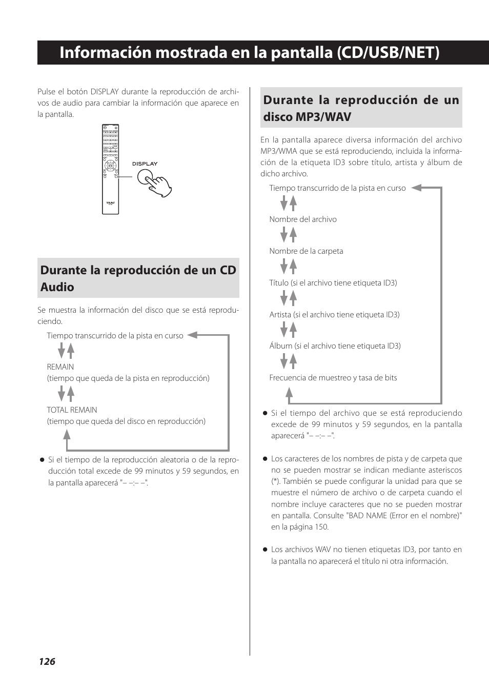 Información mostrada en la pantalla (cd/usb/net), Durante la reproducción de un cd audio, Durante la reproducción de un disco mp3/wav | Teac CD-P800NT-B User Manual | Page 126 / 160