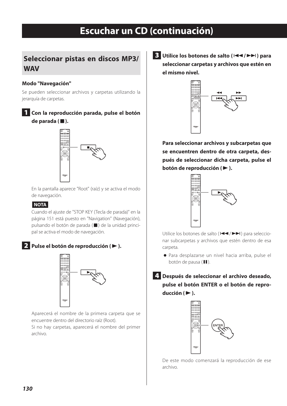 Escuchar un cd (continuación), Seleccionar pistas en discos mp3/ wav | Teac CD-P800NT-B User Manual | Page 130 / 160