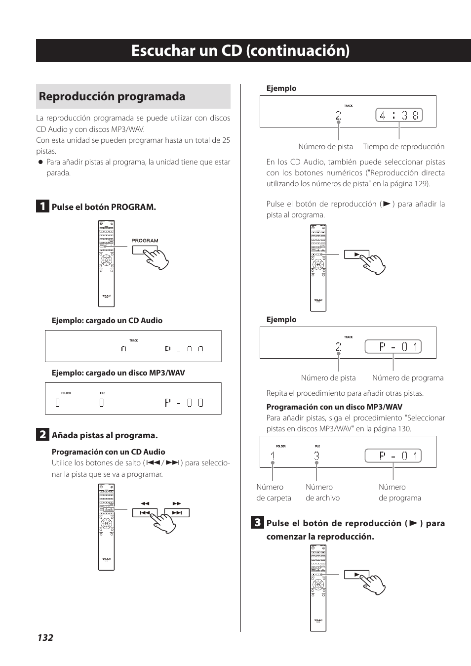 Escuchar un cd (continuación), Reproducción programada | Teac CD-P800NT-B User Manual | Page 132 / 160