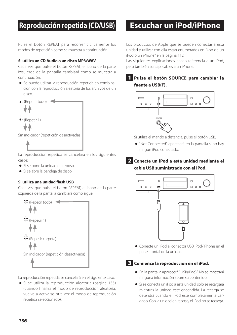 Reproducción repetida (cd/usb), Escuchar un ipod/iphone | Teac CD-P800NT-B User Manual | Page 136 / 160