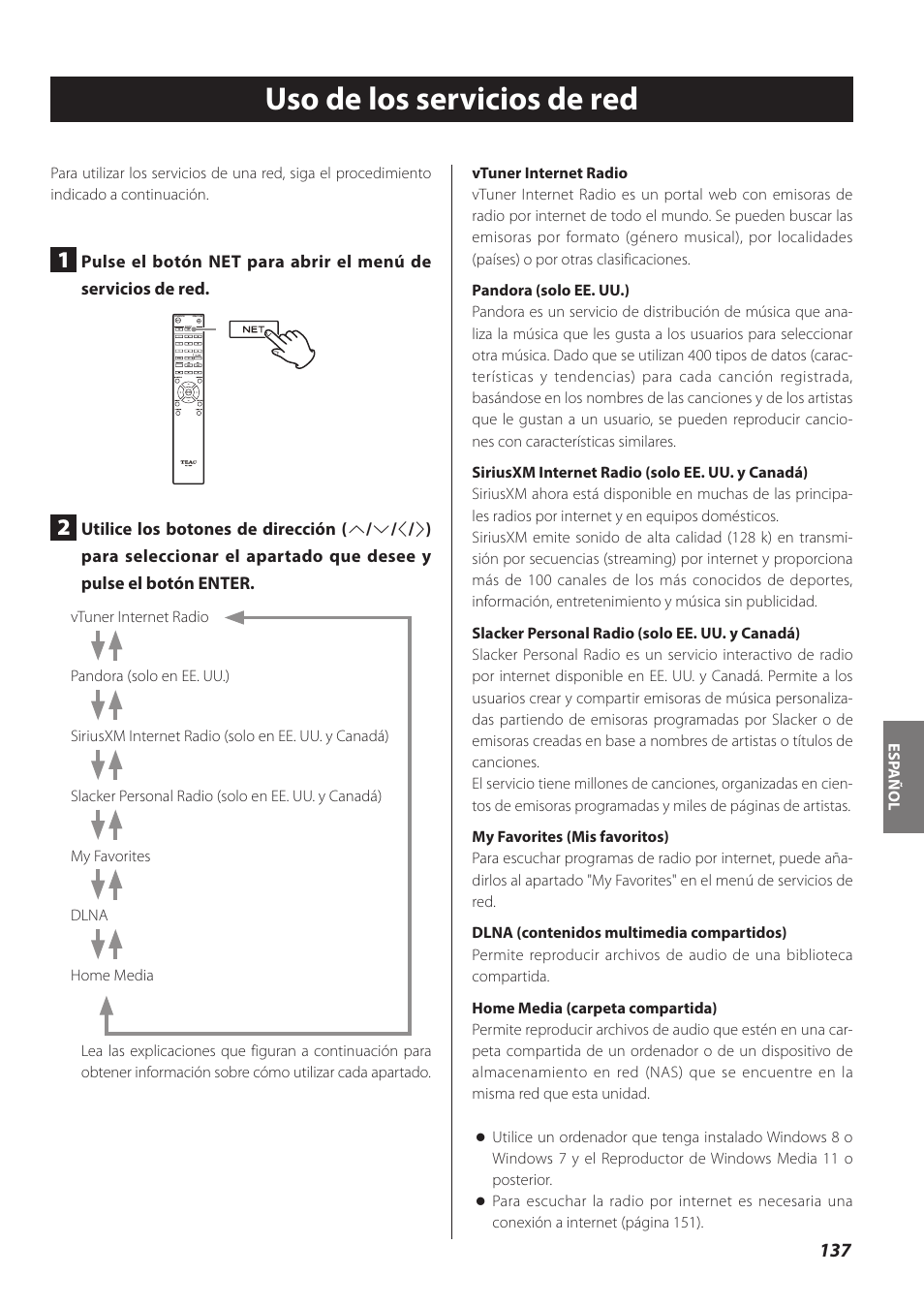 Uso de los servicios de red | Teac CD-P800NT-B User Manual | Page 137 / 160