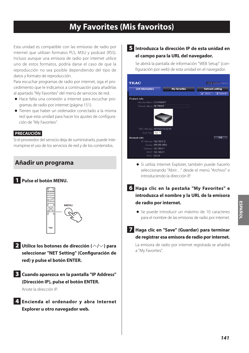 My favorites (mis favoritos), Añadir un programa 1 | Teac CD-P800NT-B User Manual | Page 141 / 160