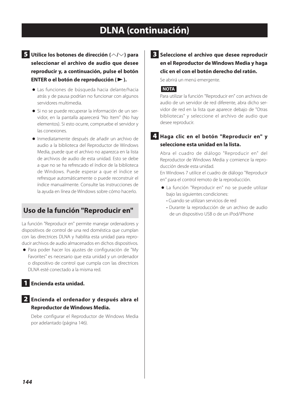 Dlna (continuación), Uso de la función "reproducir en | Teac CD-P800NT-B User Manual | Page 144 / 160