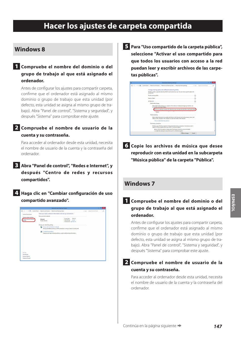 Hacer los ajustes de carpeta compartida, Windows 8 1, Windows 7 1 | Teac CD-P800NT-B User Manual | Page 147 / 160