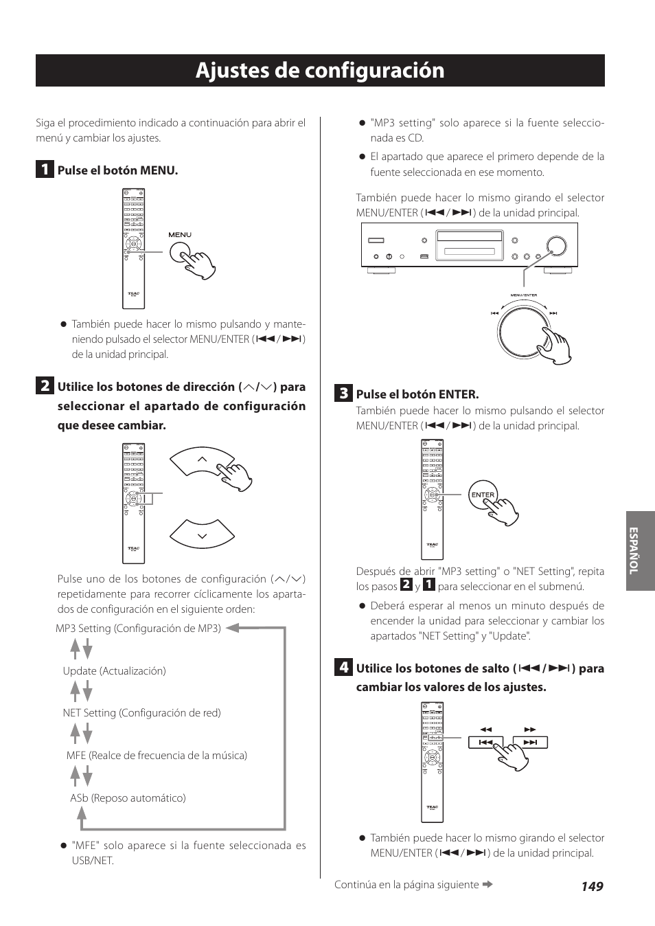 Ajustes de configuración | Teac CD-P800NT-B User Manual | Page 149 / 160