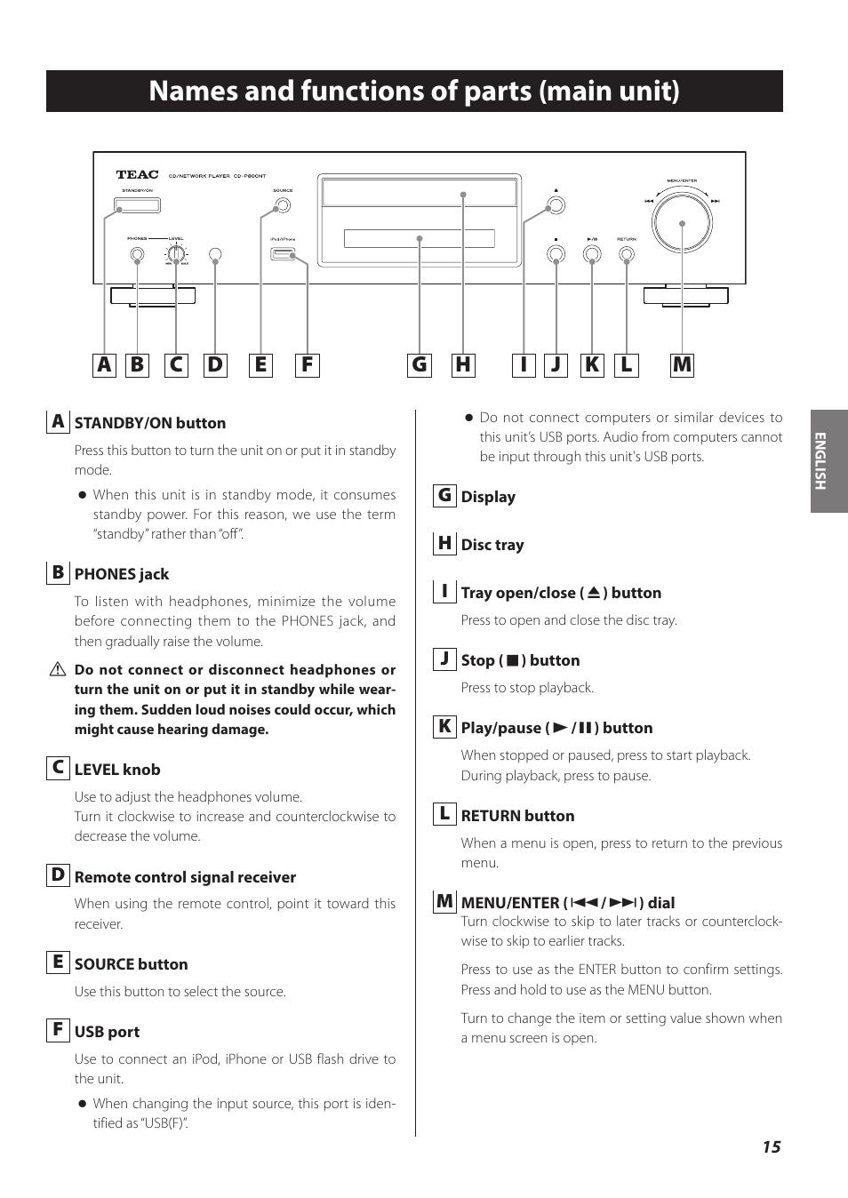 Names and functions of parts (main unit) | Teac CD-P800NT-B User Manual | Page 15 / 160