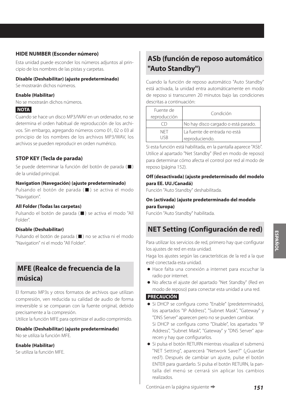 Mfe (realce de frecuencia de la música), Asb (función de reposo automático "auto standby"), Net setting (configuración de red) | Teac CD-P800NT-B User Manual | Page 151 / 160
