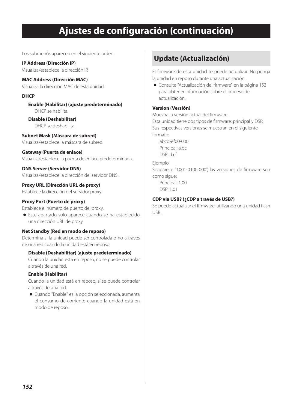 Ajustes de configuración (continuación), Update (actualización) | Teac CD-P800NT-B User Manual | Page 152 / 160