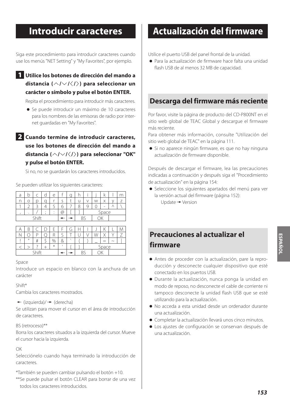 Introducir caracteres, Actualización del firmware, Descarga del firmware más reciente | Precauciones al actualizar el firmware | Teac CD-P800NT-B User Manual | Page 153 / 160