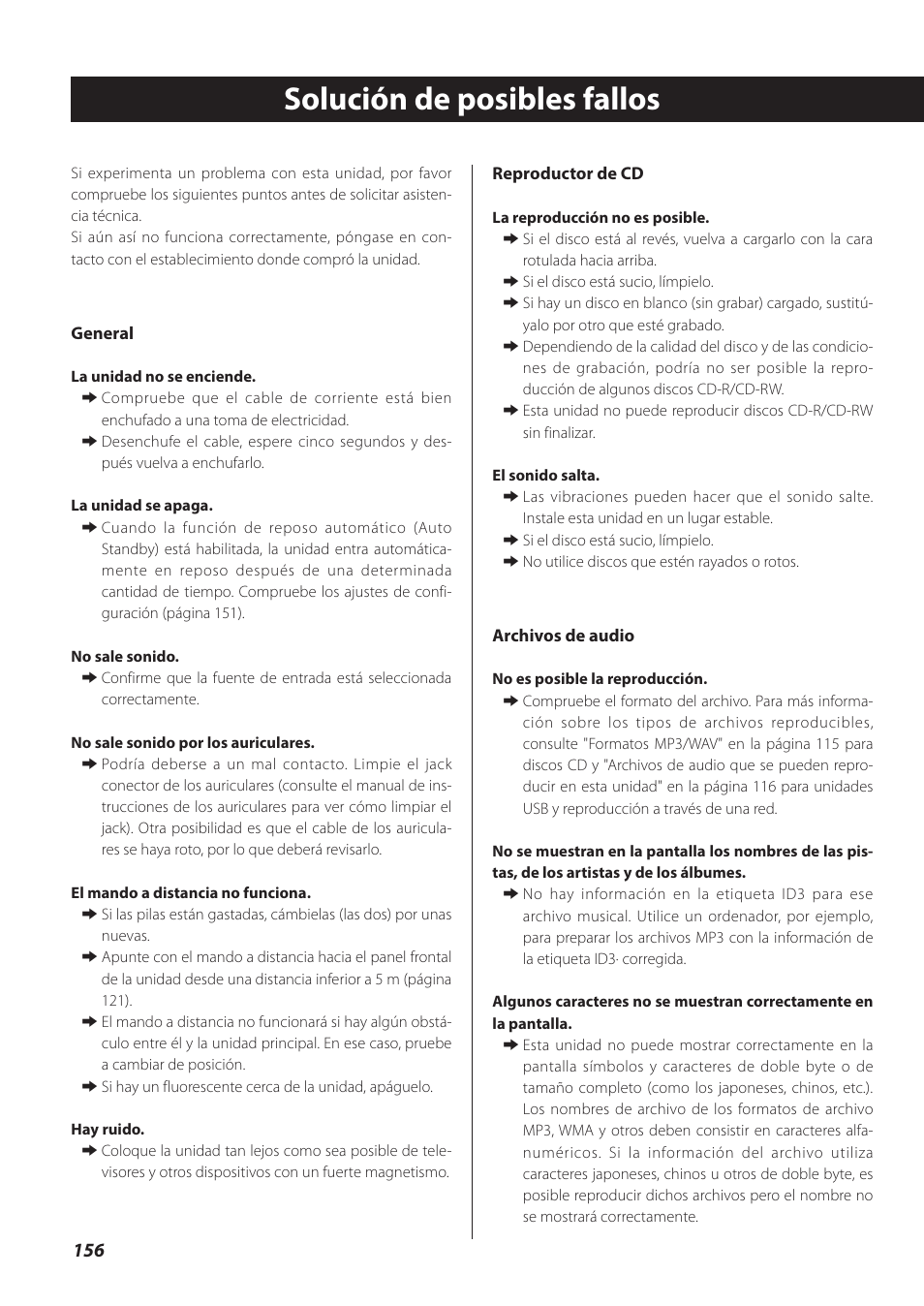 Solución de posibles fallos, Solución de posibles, Fallos | Teac CD-P800NT-B User Manual | Page 156 / 160