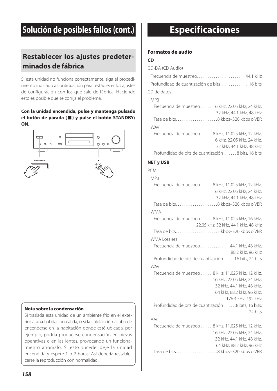 Especificaciones, Solución de posibles fallos (cont.) | Teac CD-P800NT-B User Manual | Page 158 / 160