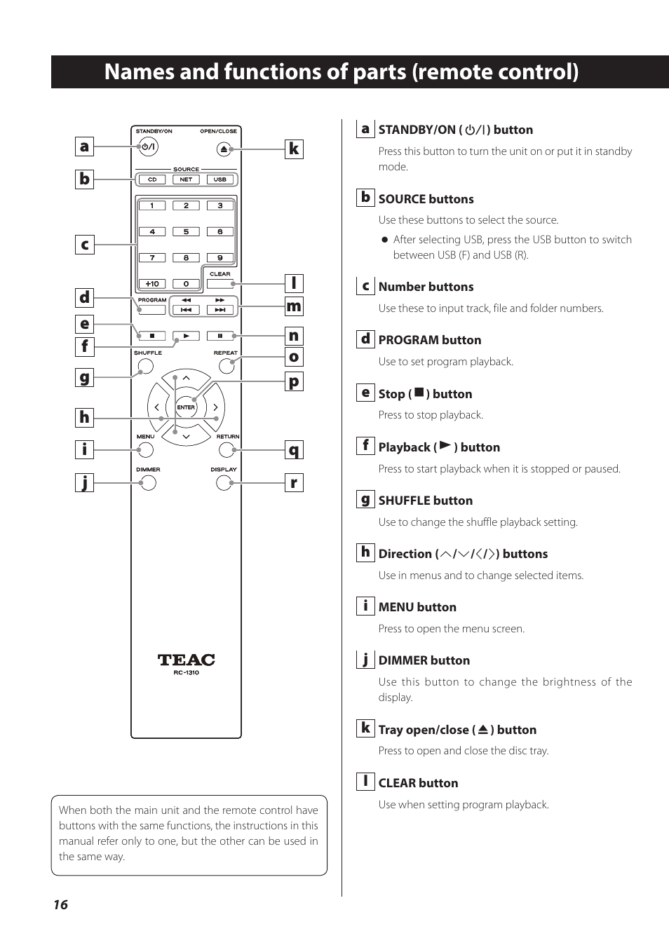 Names and functions of parts (remote control) | Teac CD-P800NT-B User Manual | Page 16 / 160