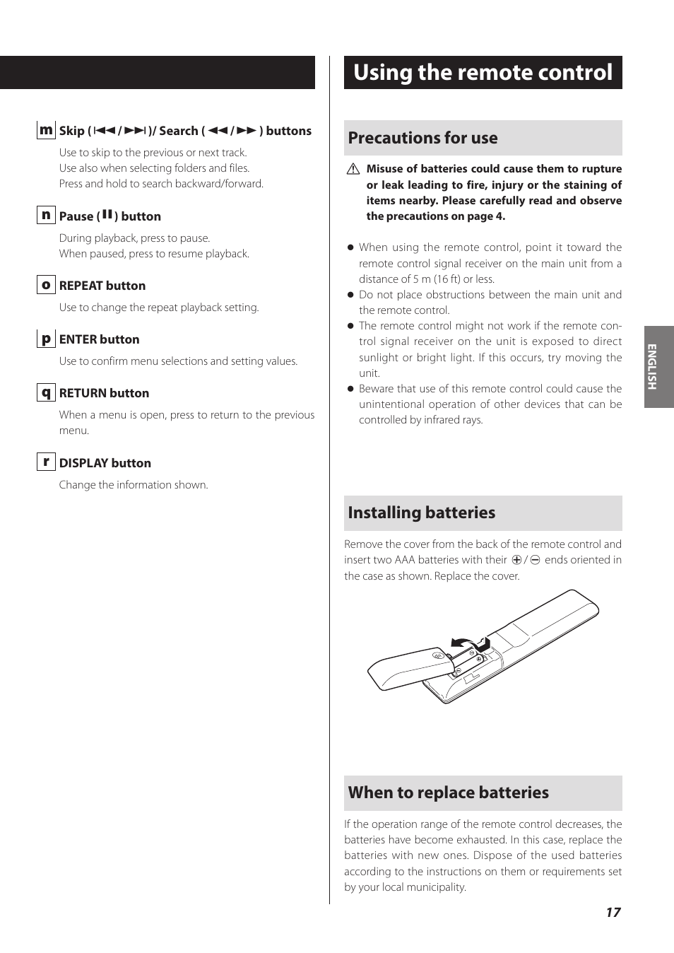 Using the remote control, Precautions for use, Installing batteries | When to replace batteries | Teac CD-P800NT-B User Manual | Page 17 / 160