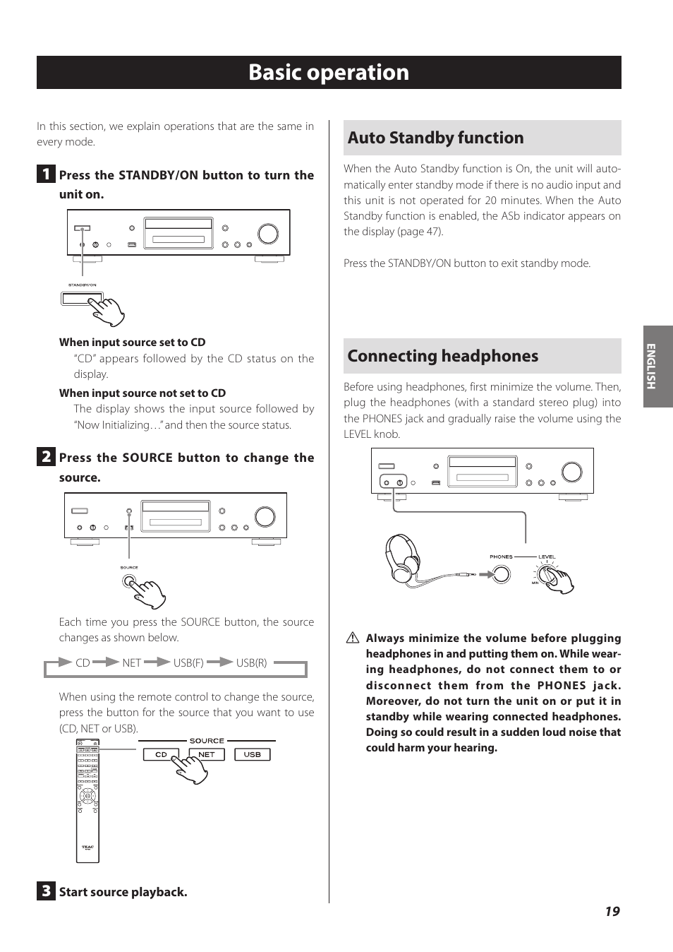 Basic operation, Auto standby function, Connecting headphones | Teac CD-P800NT-B User Manual | Page 19 / 160