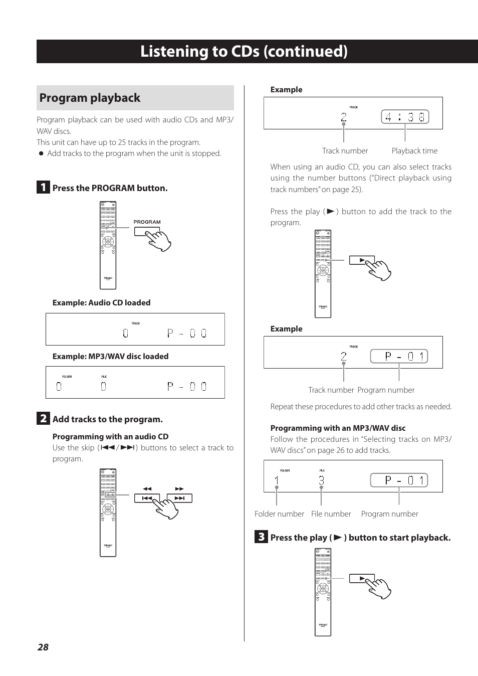 Listening to cds (continued), Program playback | Teac CD-P800NT-B User Manual | Page 28 / 160